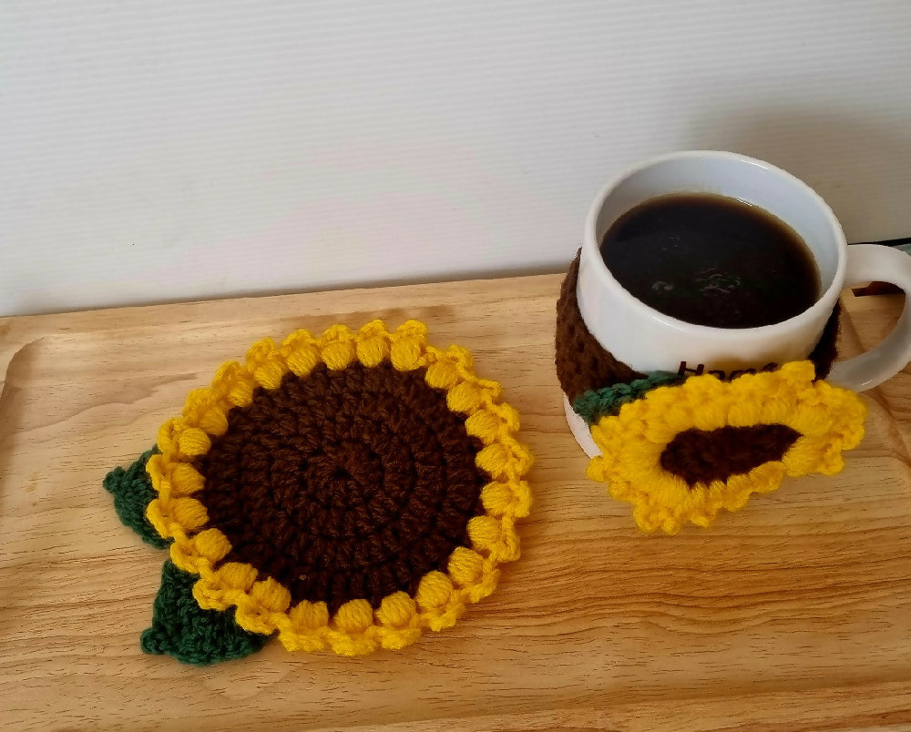 Crochet Sunflower Mug Cosy & Coaster Set