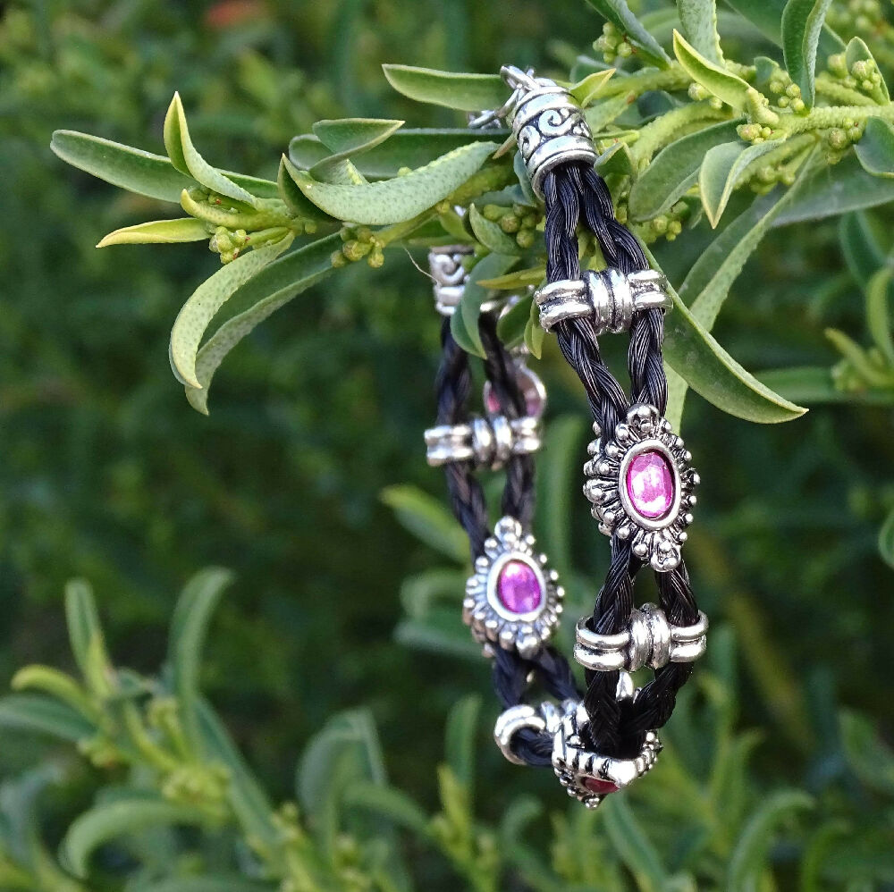 Bling Rhinestone Horse Hair Braided Bracelet - Fuschia