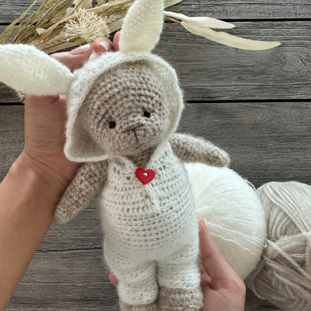 Crochet Bear in the Rabbit Suit with Heart Toy