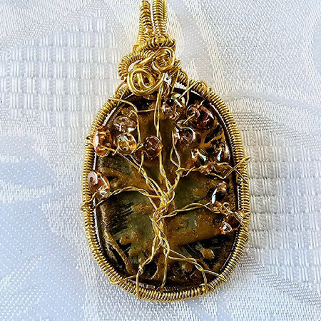 Amber Ceramic Tree of Life Pendant Wirewrapped in Brass with Amber Beads