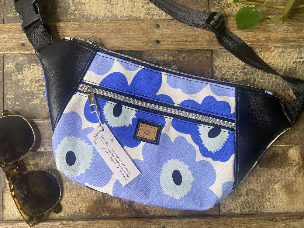 Bum/Waist/Hip Bag - Blue Floral/Black Faux Leather