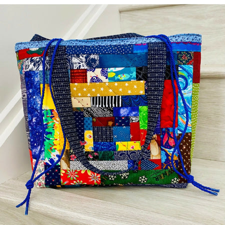 Scrappy log cabin drawstring patchwork bag