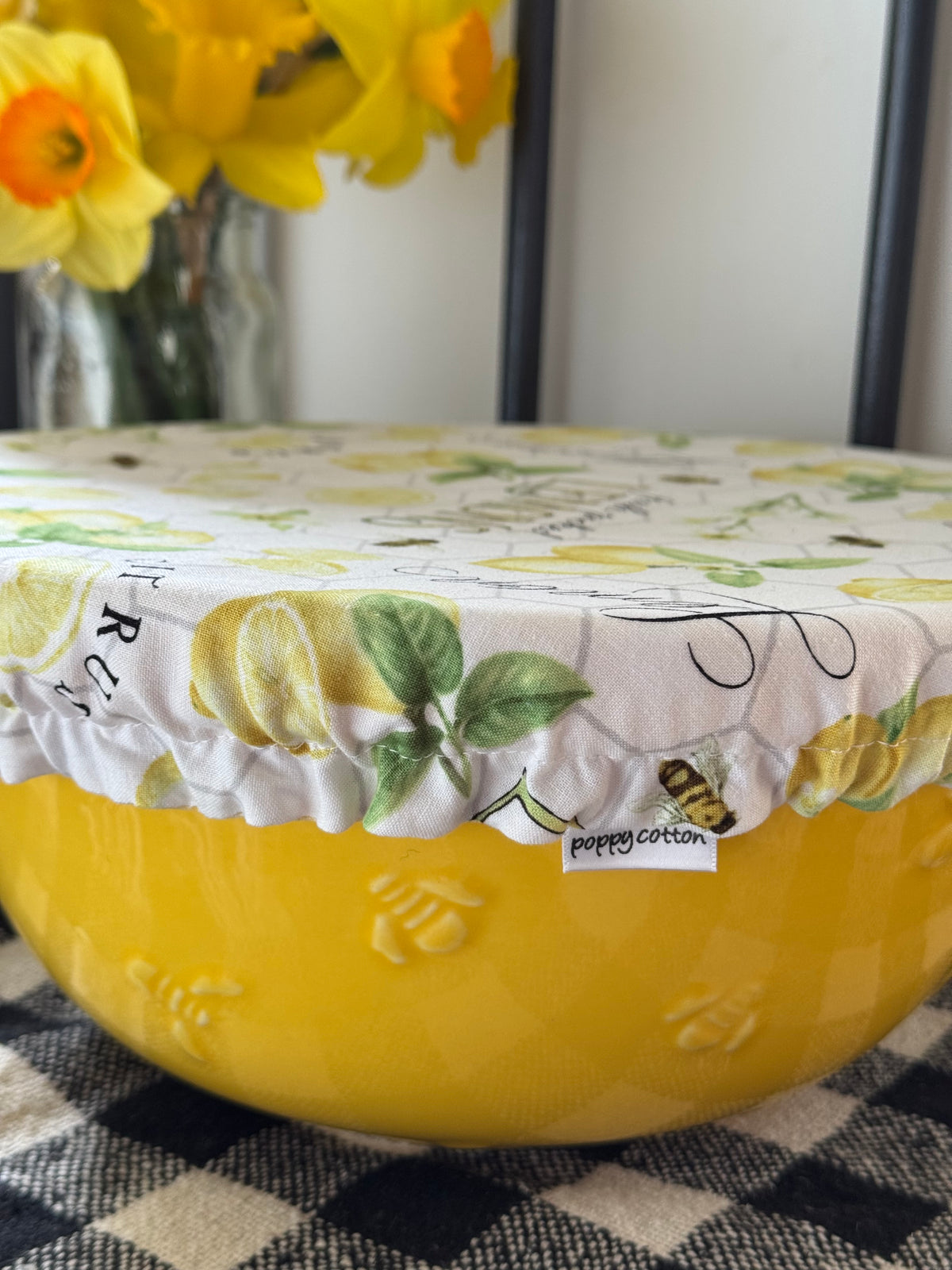 Fresh Picked Lemons Reversible Fabric Bowl Cover – Yellow Gingham – Handmade in Tasmania