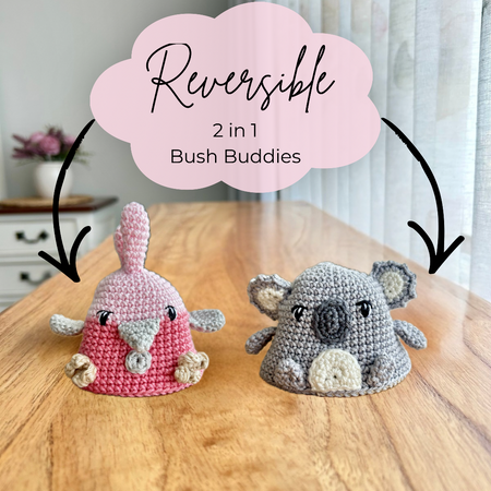 Bush Buddies | Reversible Australian Animal Crochet Toy | Galah | Cockatoo | Kookaburra | Koala | Gum Tree