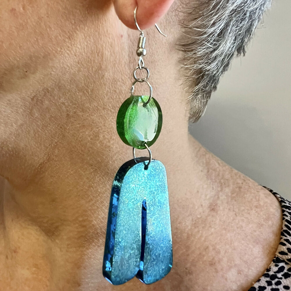 Drip Drop Green Blue Shimmer Earrings