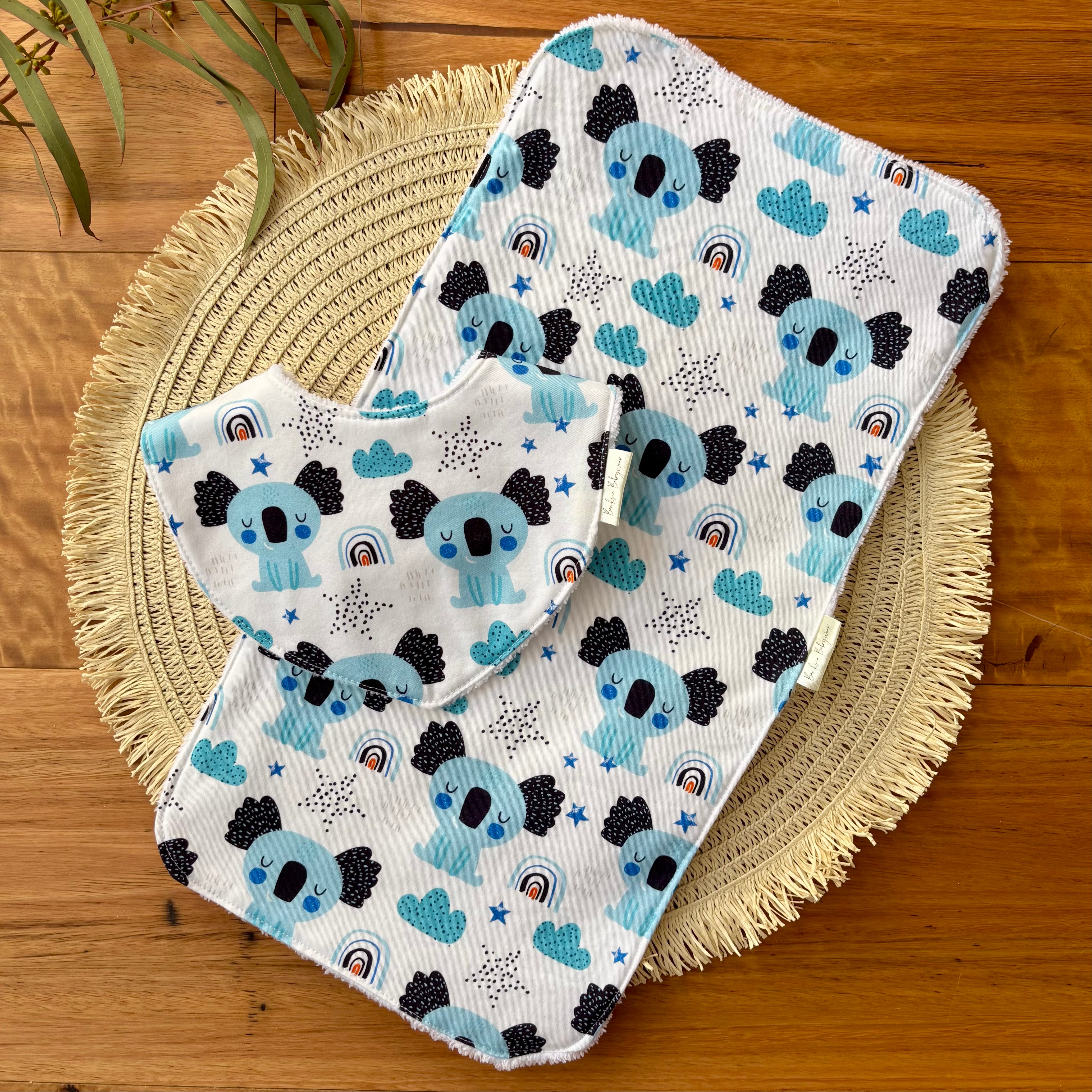Baby Bib and Burp Cloth Set | Blue Koalas | Ready to Ship