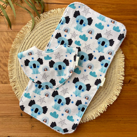 Baby Bib and Burp Cloth Set | Blue Koalas | Ready to Ship
