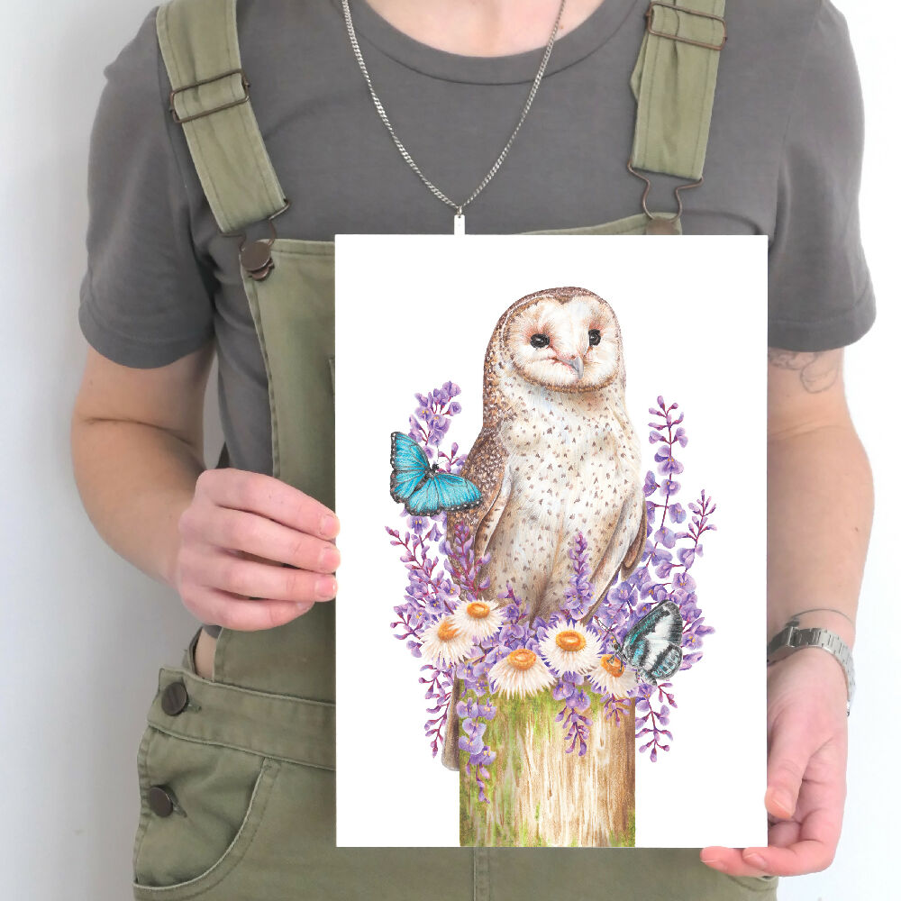 A4 art print of an Australian Masked Owl surrounded by butterflies and native Australian flowers, illustrated by Australian artist Kayla Reay.