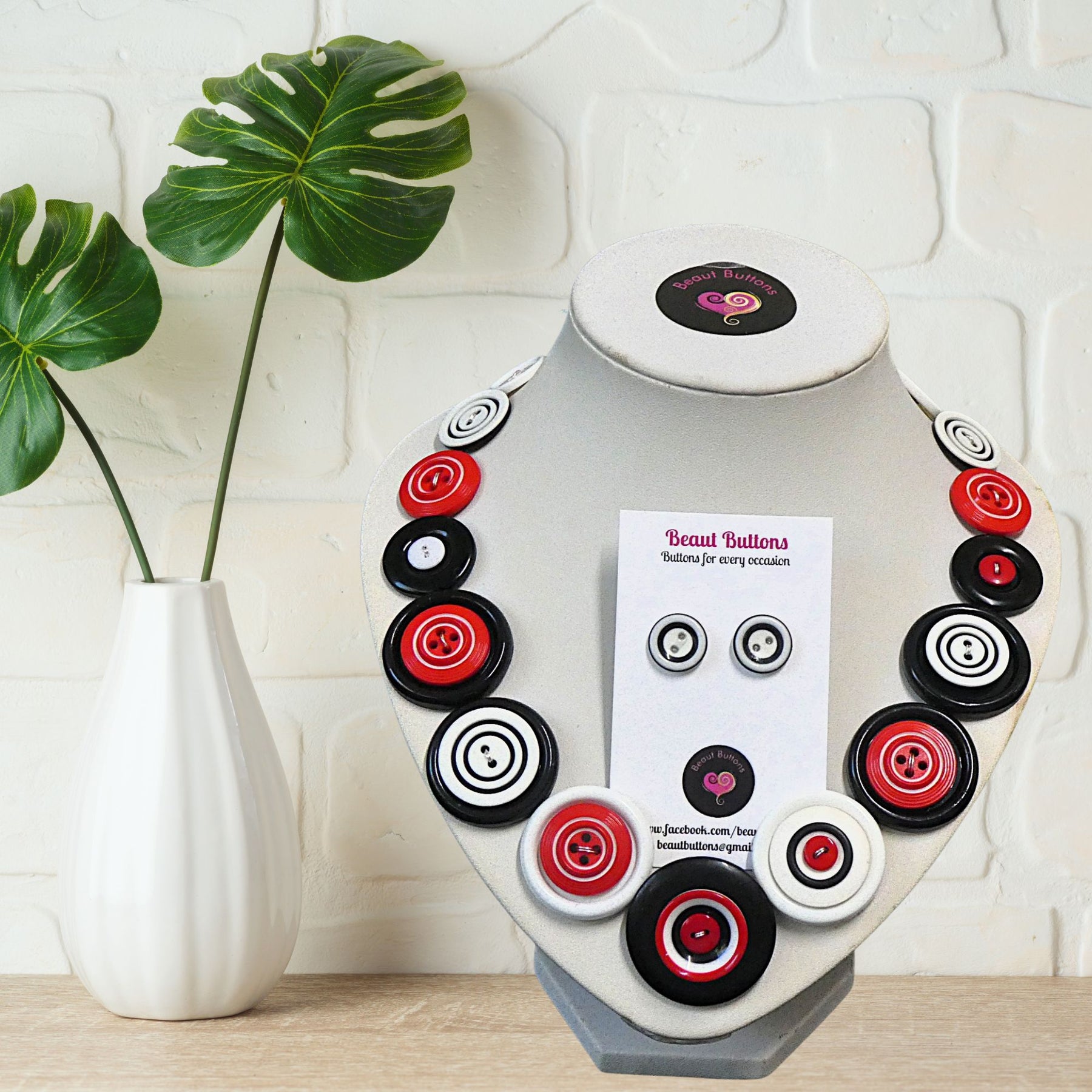 Red White Black Button Necklace and Earrings, Upcycled Jewelry Set