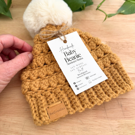 Mustard Newborn Baby Beanie with fluffy pom pom