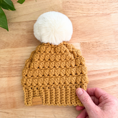 Mustard Newborn Baby Beanie with fluffy pom pom