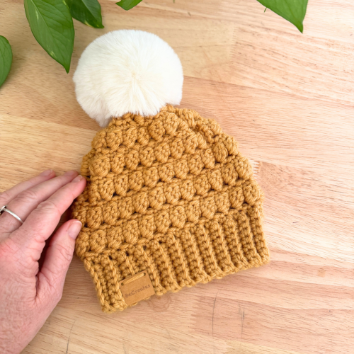 Mustard Newborn Baby Beanie with fluffy pom pom