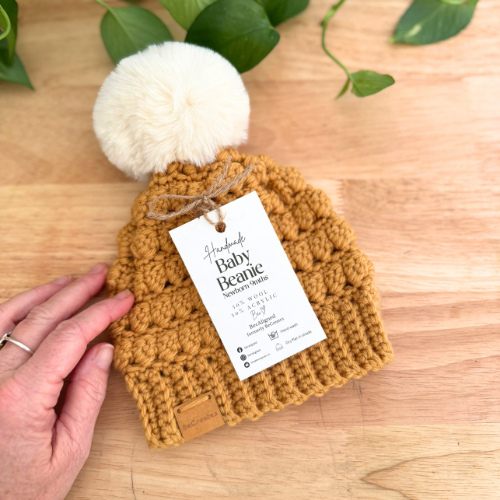 Mustard Newborn Baby Beanie with fluffy pom pom