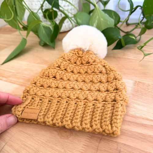 Mustard Newborn Baby Beanie with fluffy pom pom