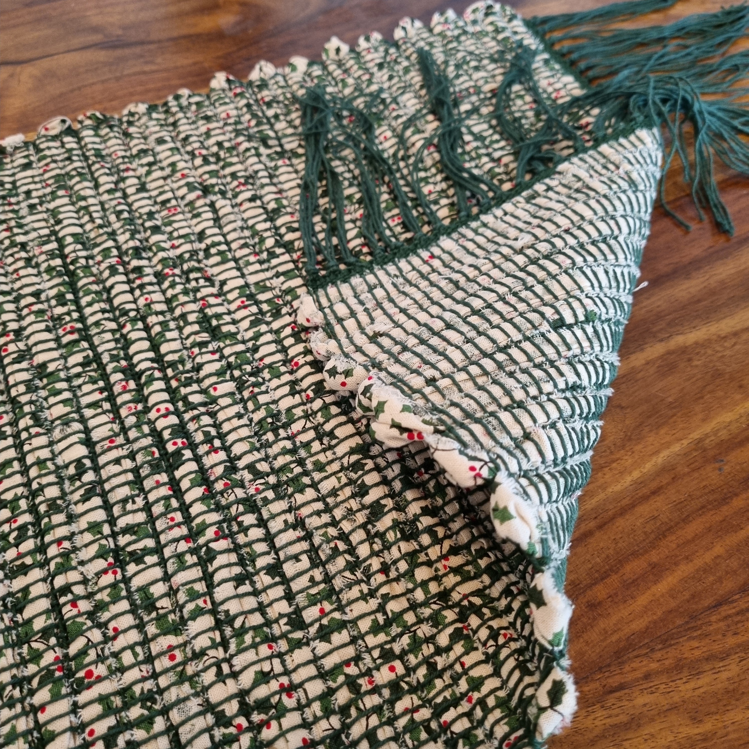 Handwoven Christmas fabric table runner holly print