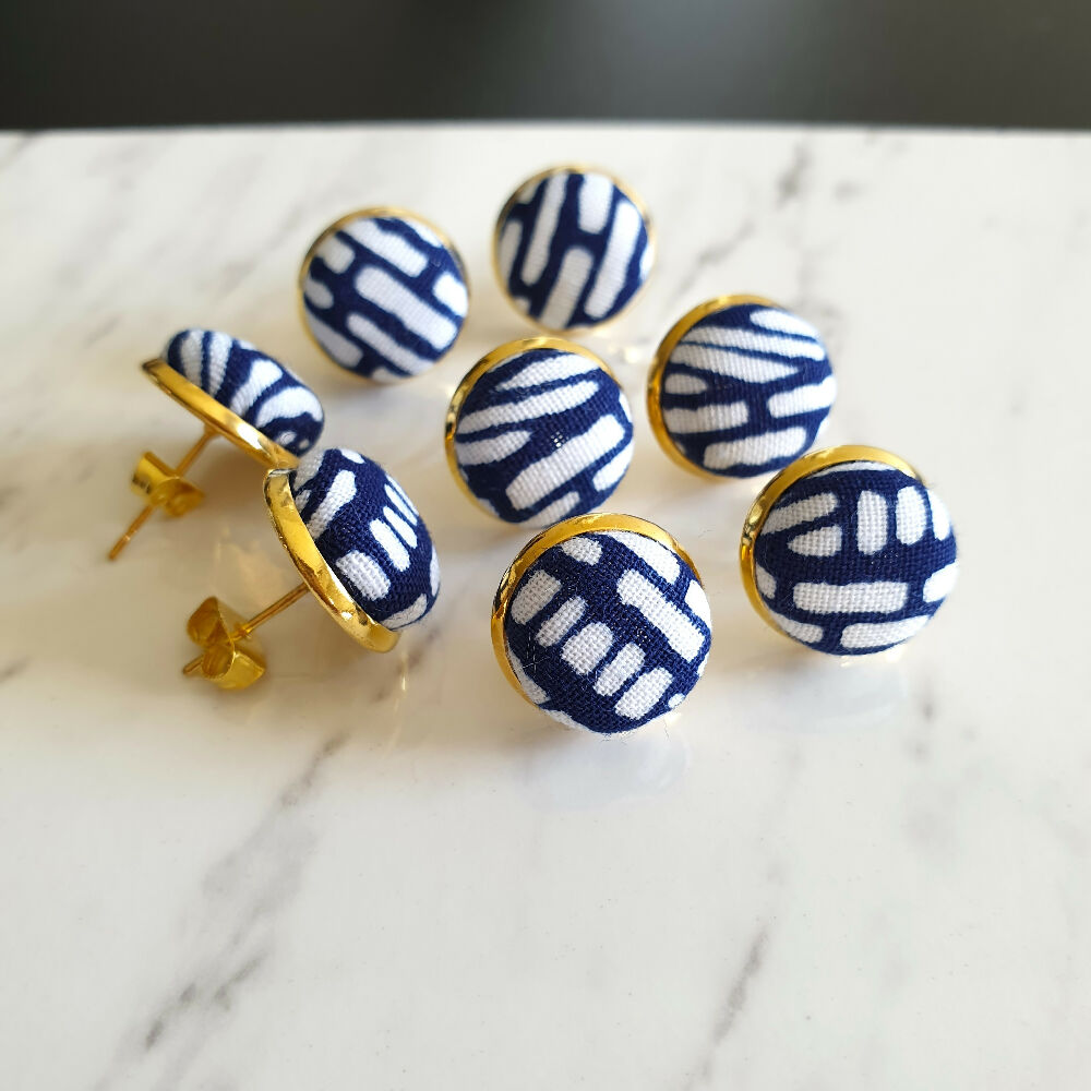 1.4cm Round White dot Deep Blue Japanese Yukata Fabric Gold colour Cabochon stud earrings