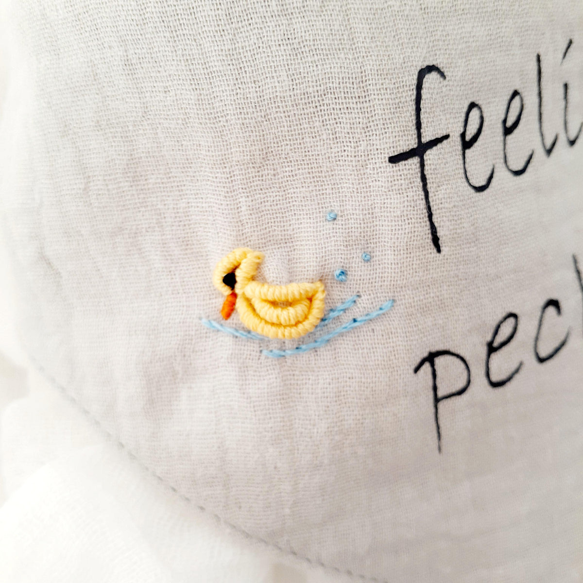 Grey Baby Bib, Hand Embroidered Duck Design