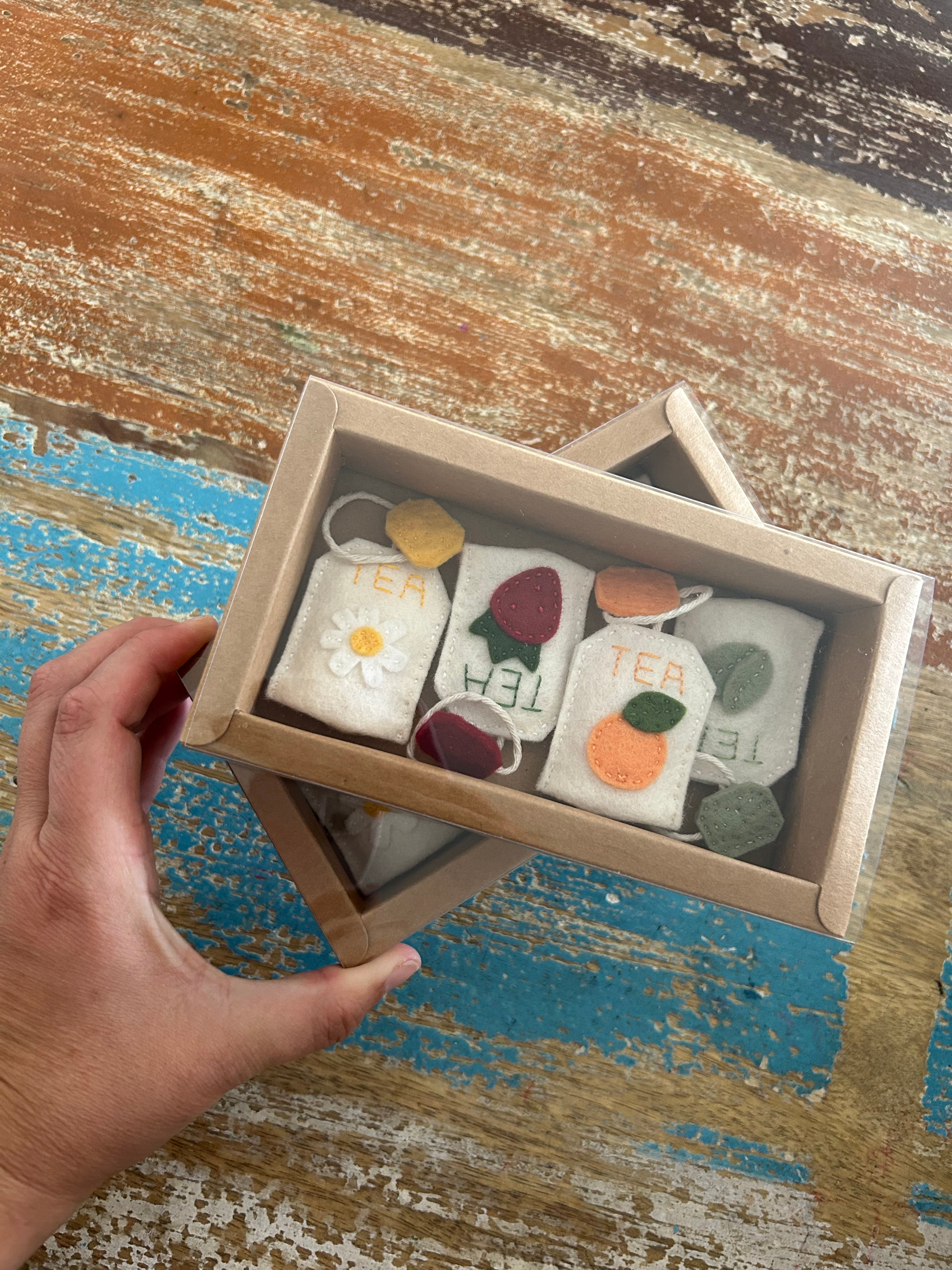 Set of 4 felt tea bags, boxes gift, play kitchen, learn through play
