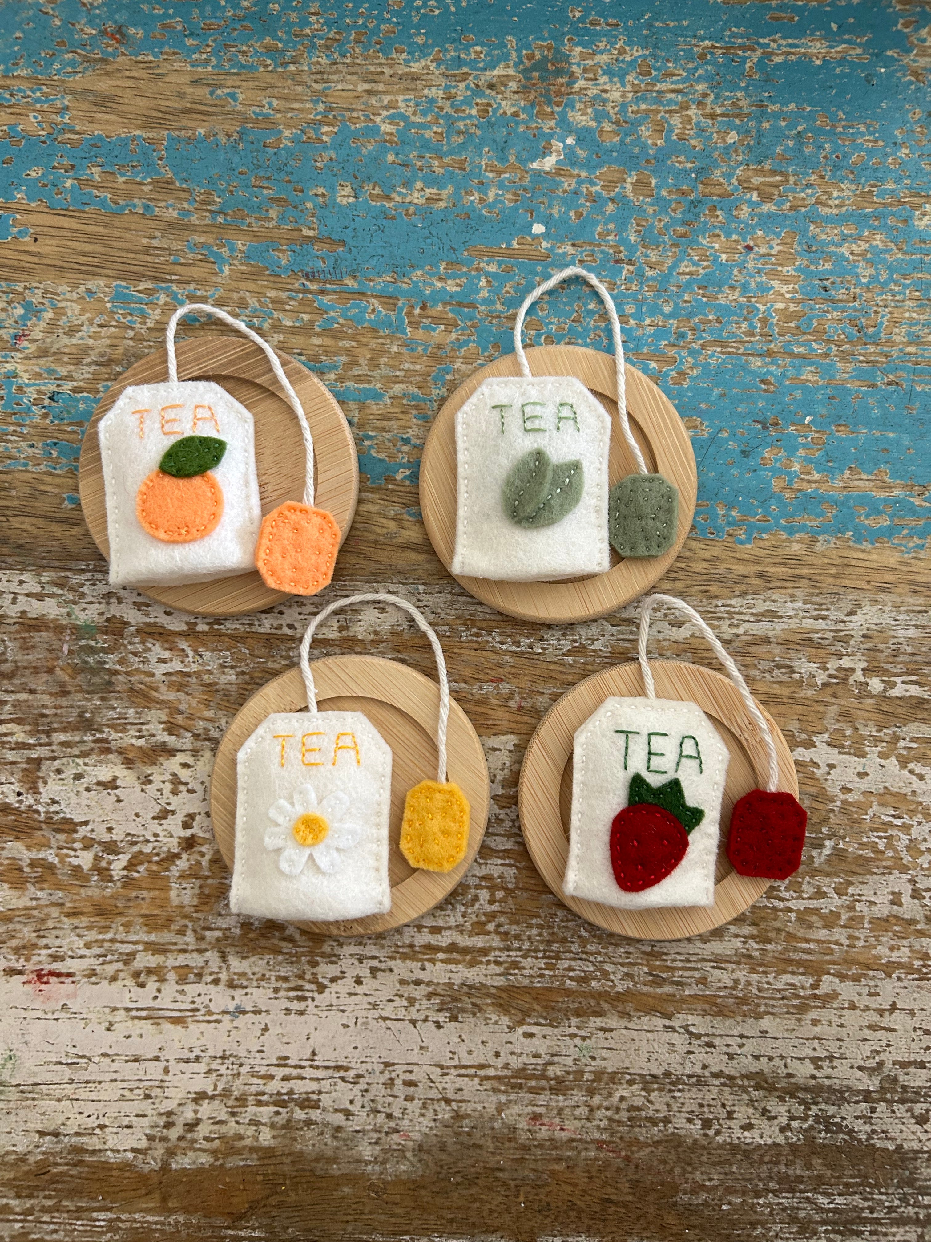 Set of 4 felt tea bags, boxes gift, play kitchen, learn through play
