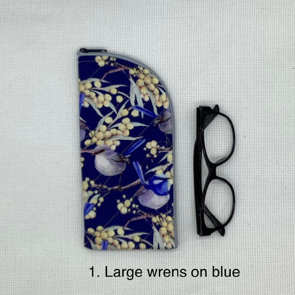 Blue wren curved top zip pouch for glasses, phones, handbag organiser etc.