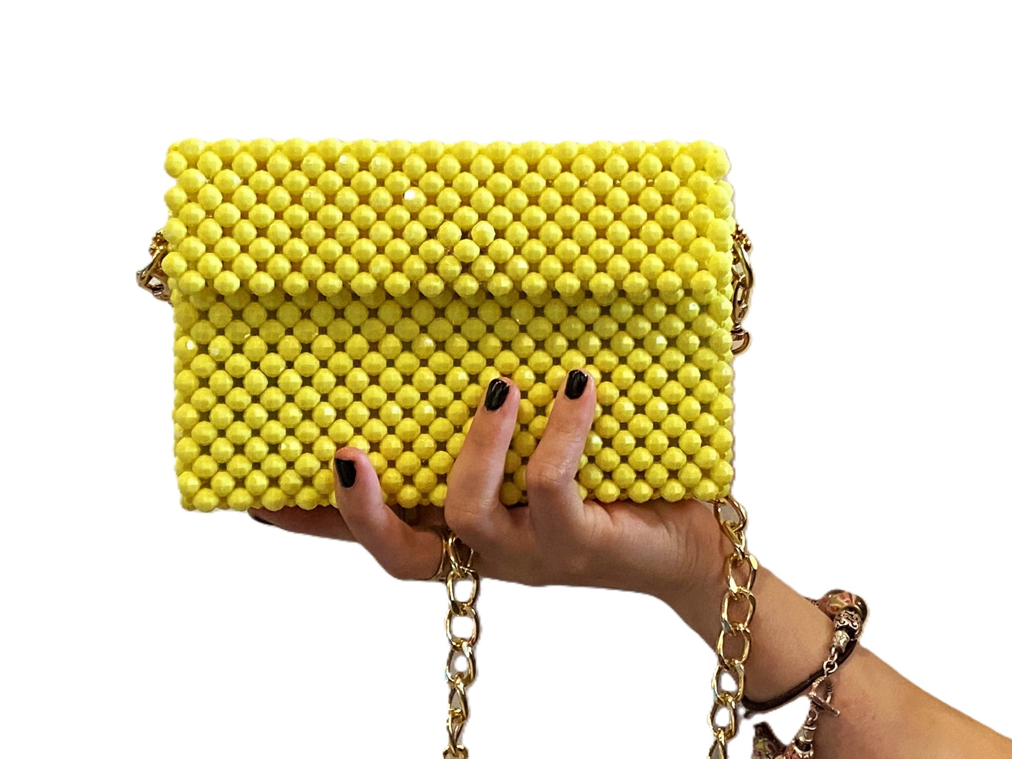 Lemon beaded clutch bag with chain