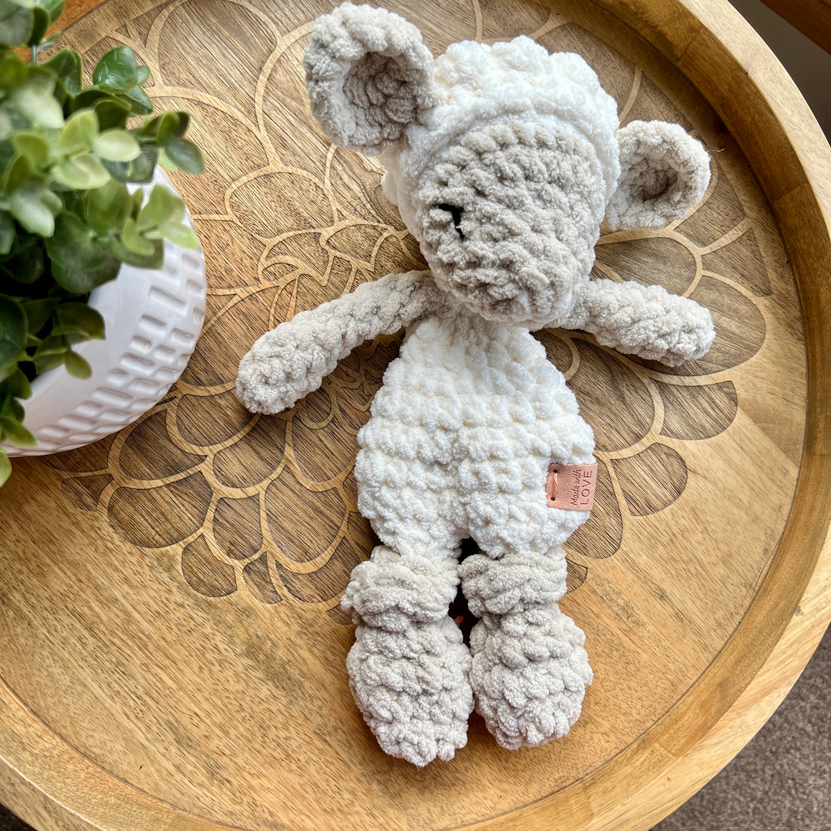 Handmade crochet Mini lamb sheep modern lovey with knotted legs.