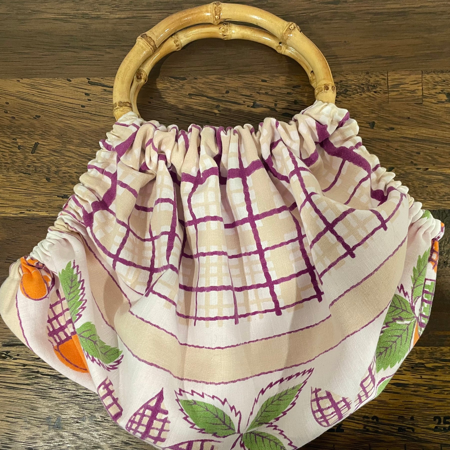 Handmade Granny Bag – Reclaimed Tablecloth with Cane Handles