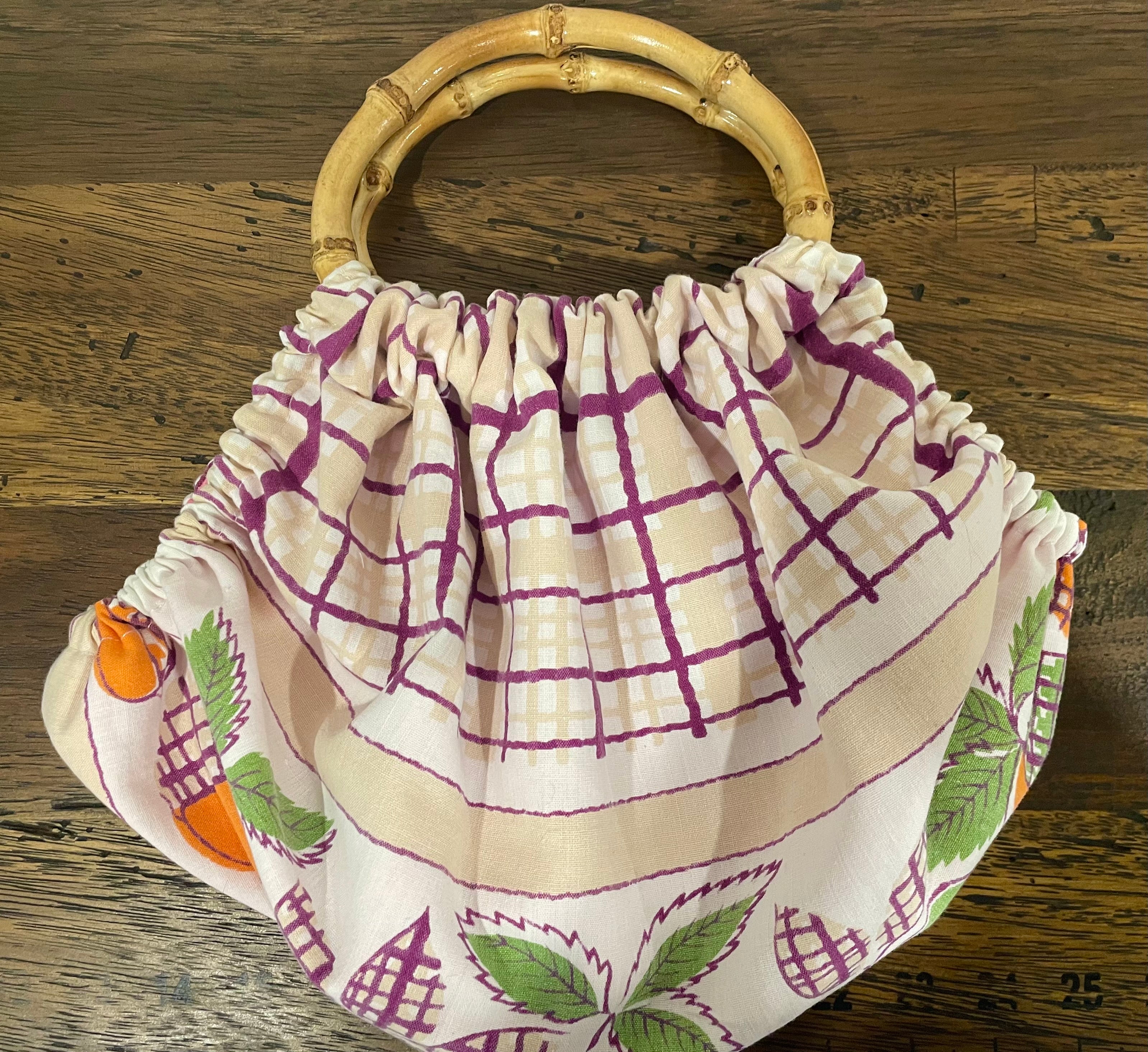 Handmade Granny Bag – Reclaimed Tablecloth with Cane Handles