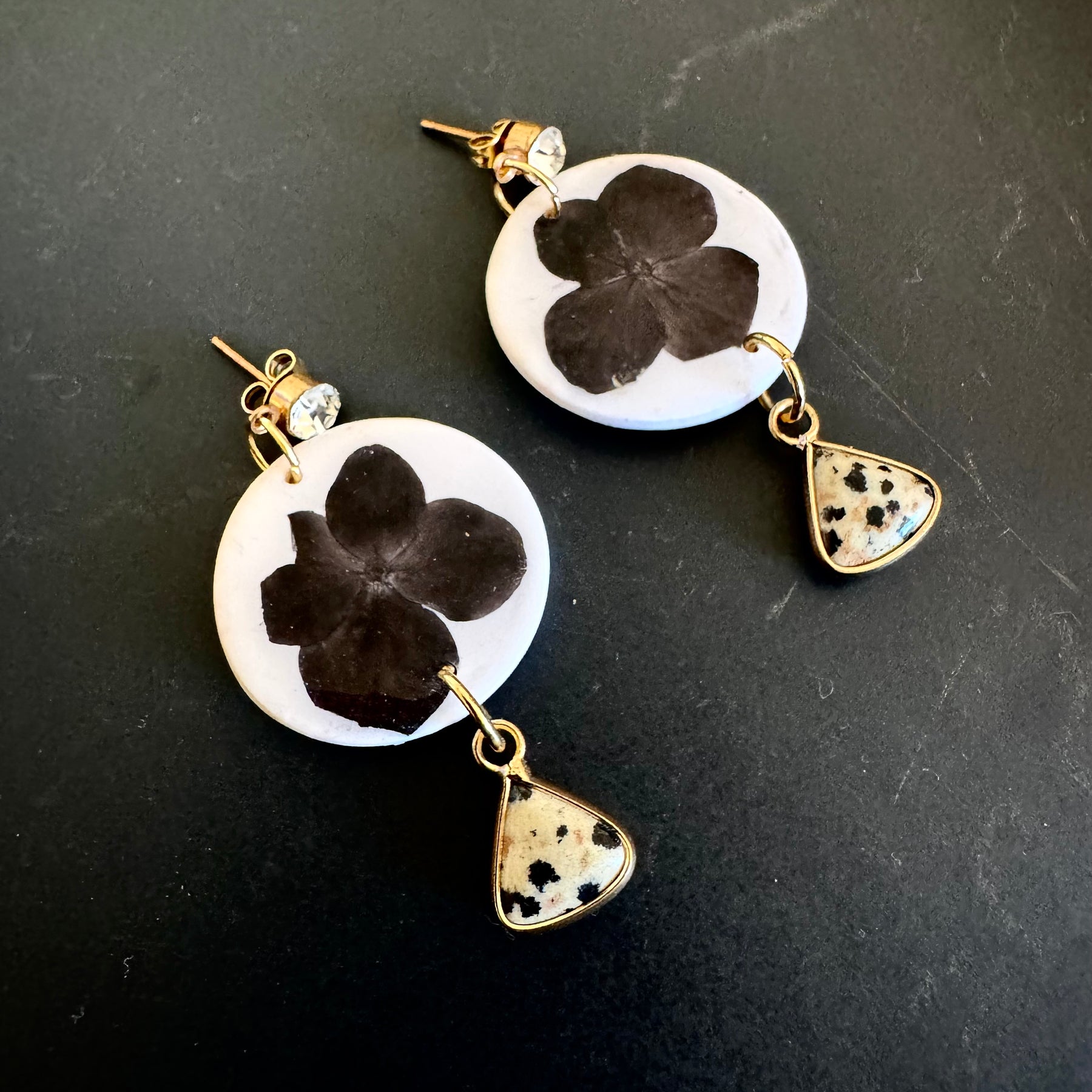 White floral polymer clay and jasper earrings with diamanté stud