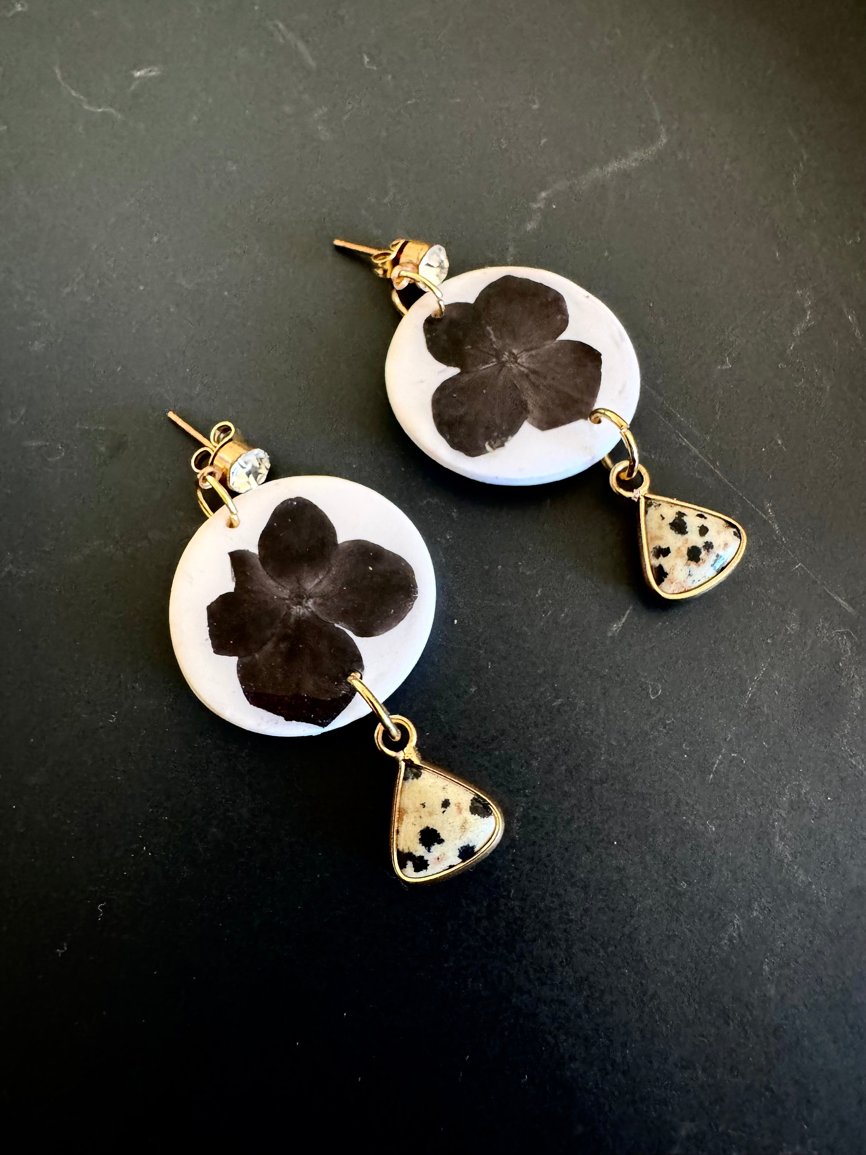 White floral polymer clay and jasper earrings with diamanté stud