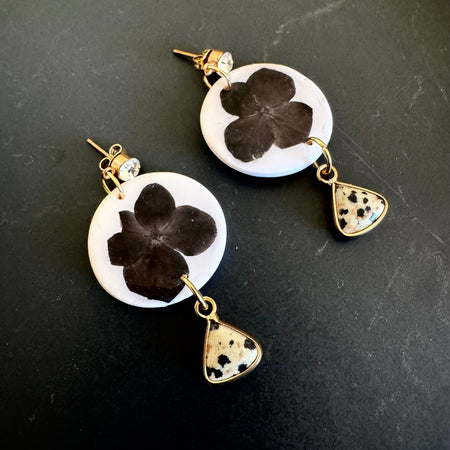 White floral polymer clay and jasper earrings with diamanté stud