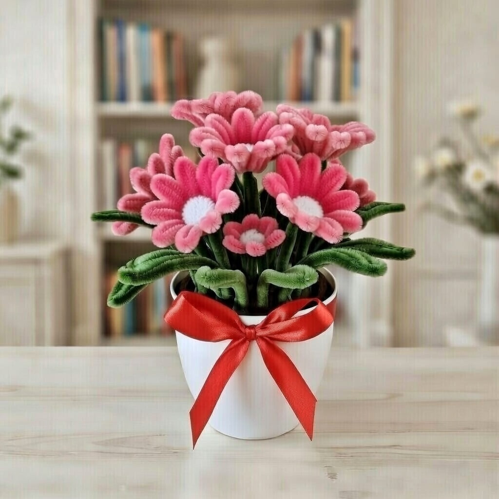 Pipe Cleaner Flower Bouquet in Plastic pot - Everlasting Chenille Daisy Arrangement