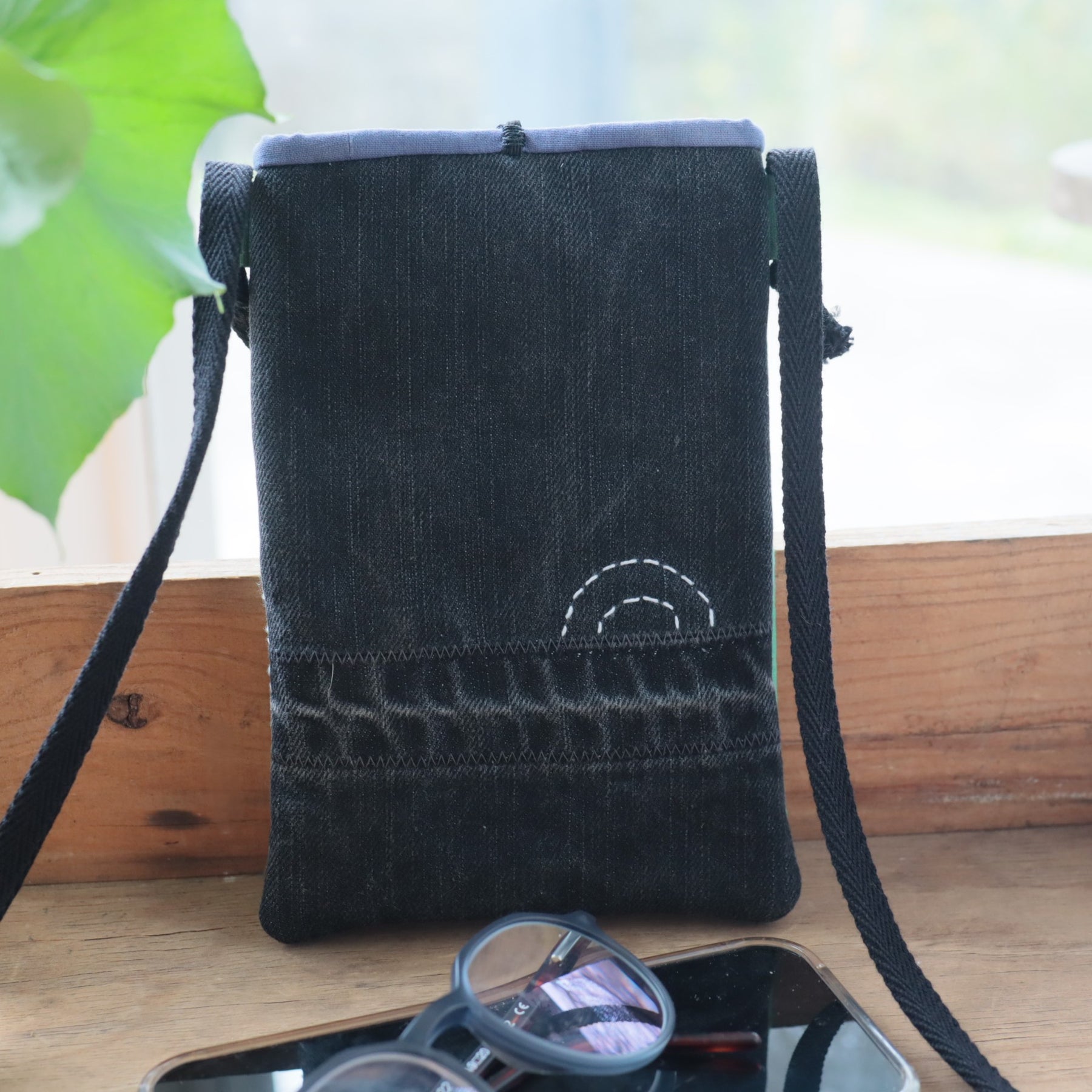 Tie Dyed Cross Body bag for Phone and Glasses, green, upcycled jeans