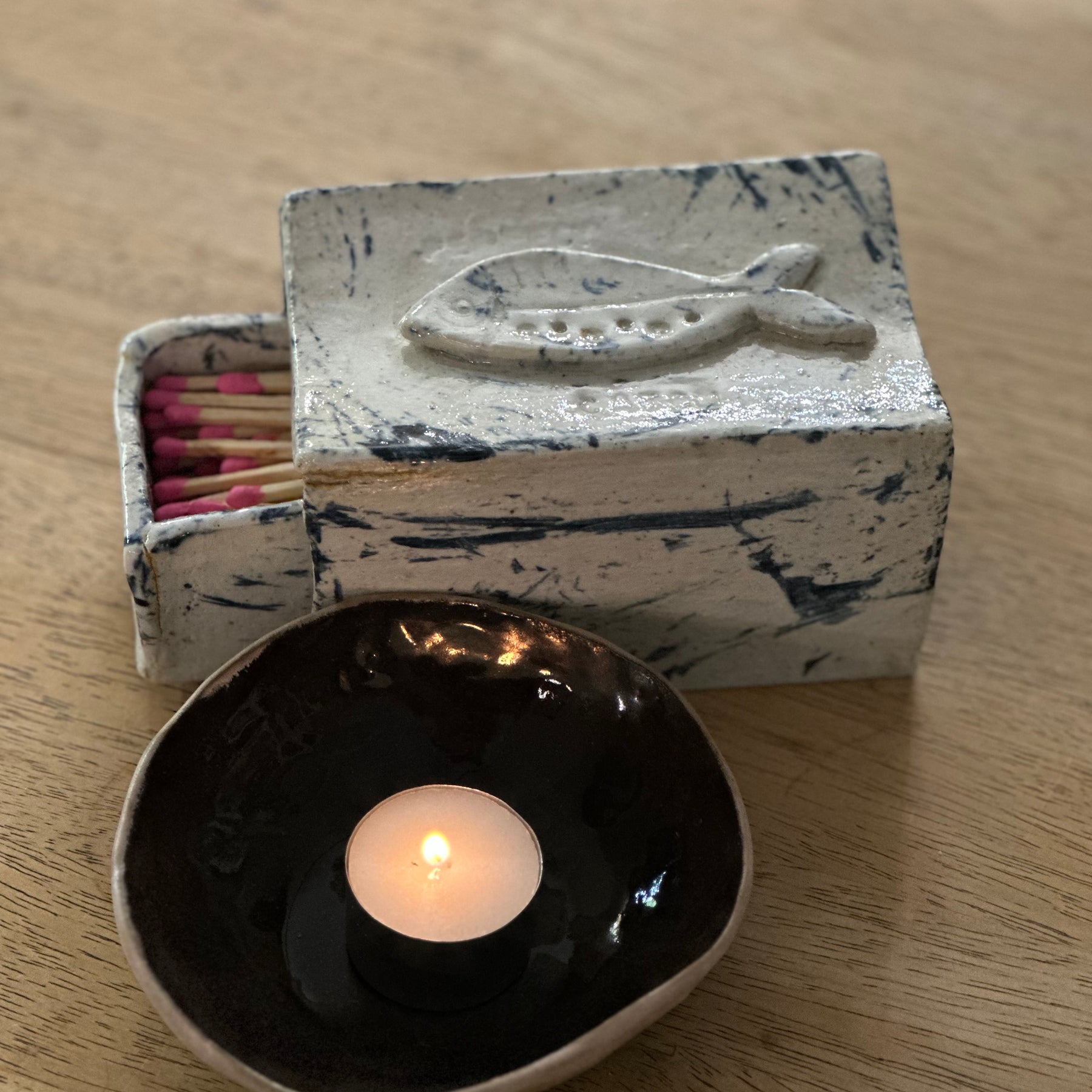 Perfect Catch | Handmade Ceramic Matchbox Holder | Fish Design | Gold Kintsugi-Style Detail