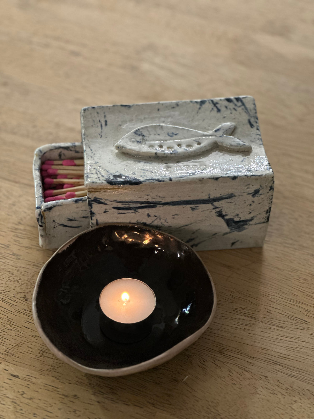 Perfect Catch | Handmade Ceramic Matchbox Holder | Fish Design | Gold Kintsugi-Style Detail