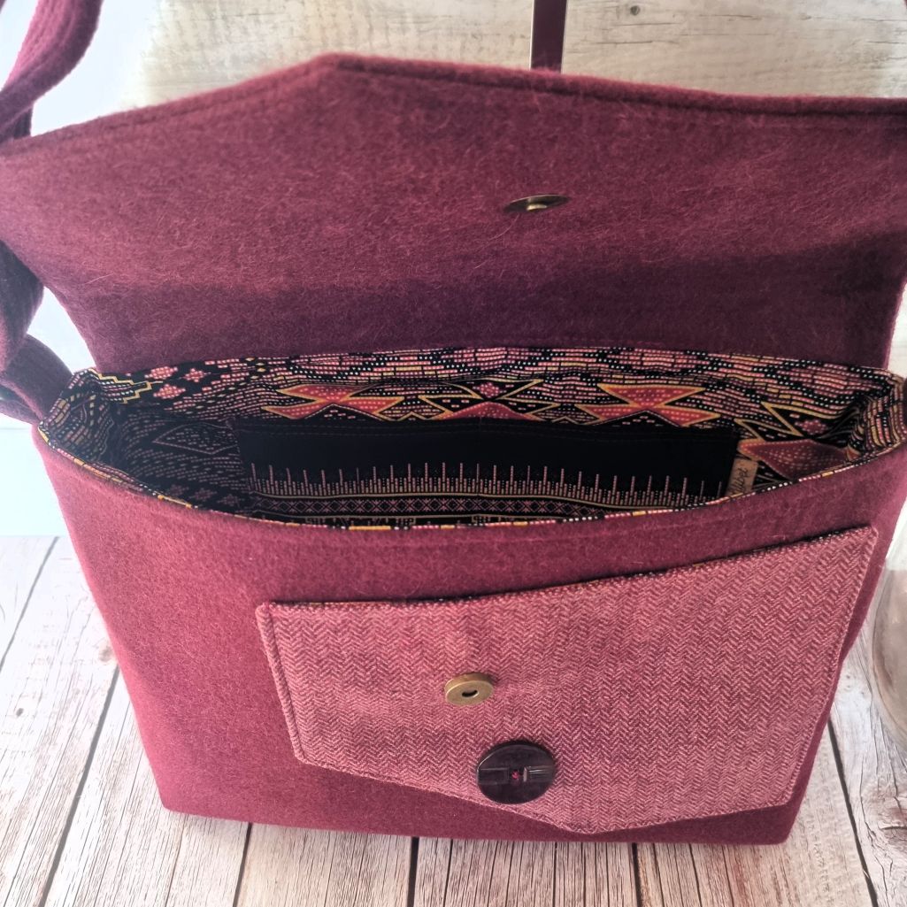 Upcycled assymetrical crossbody messenger bag - burgundy wool