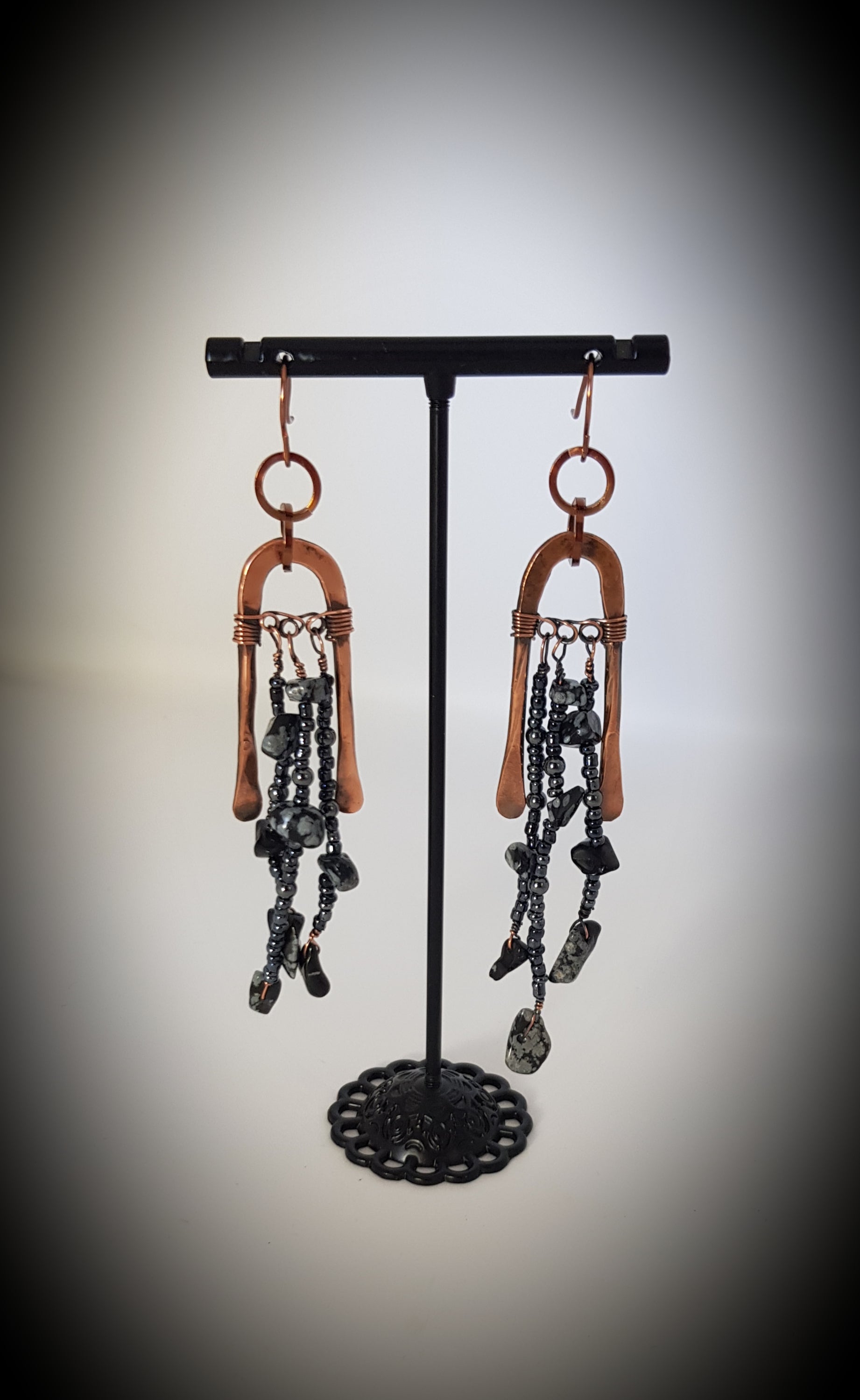 Copper long arched earring with obsidian #670AM/E