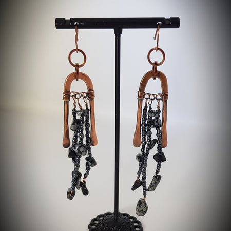 Copper long arched earring with obsidian #670AM/E