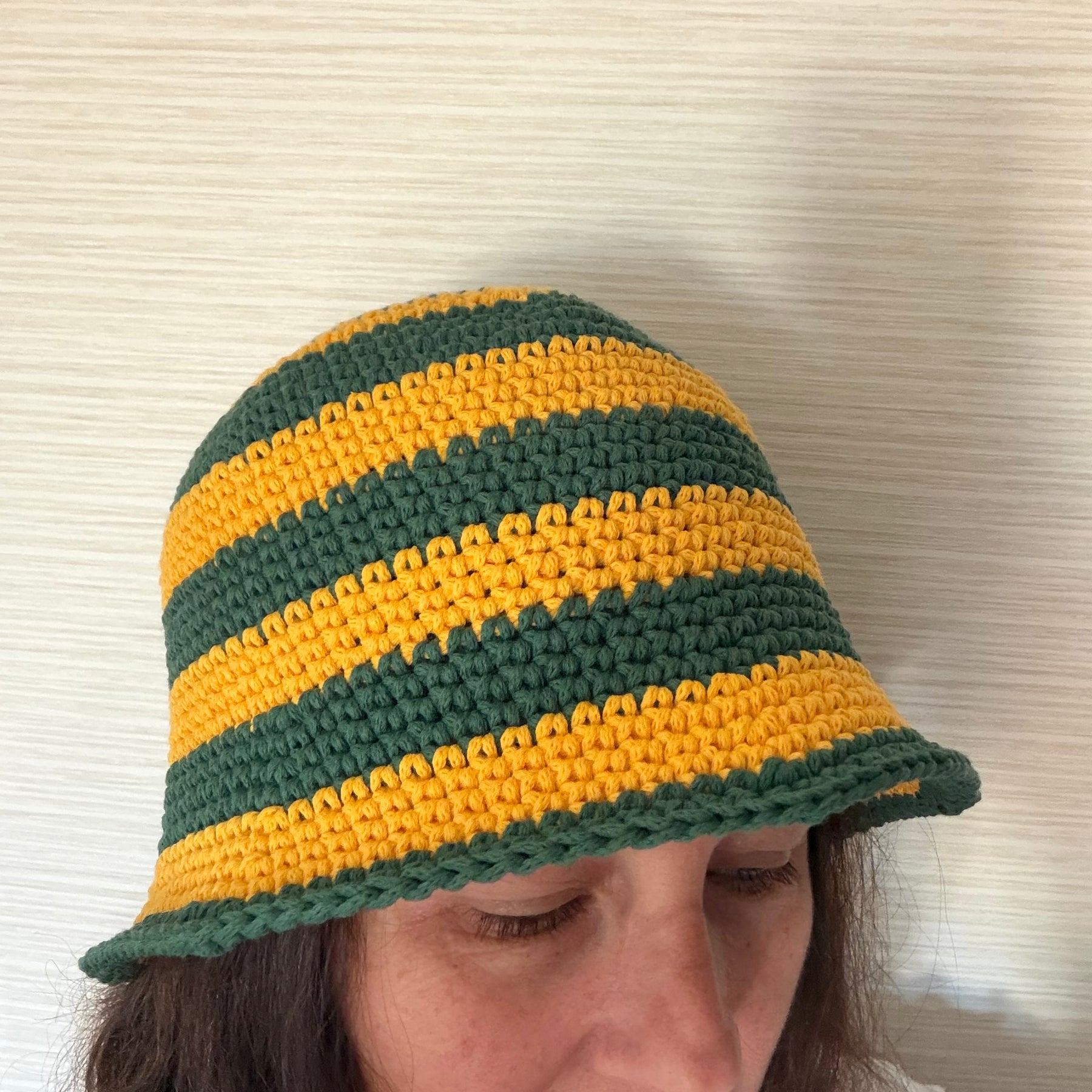 Handmade Australian Green & Gold Crochet Bucket Hat Cricket Season Hat