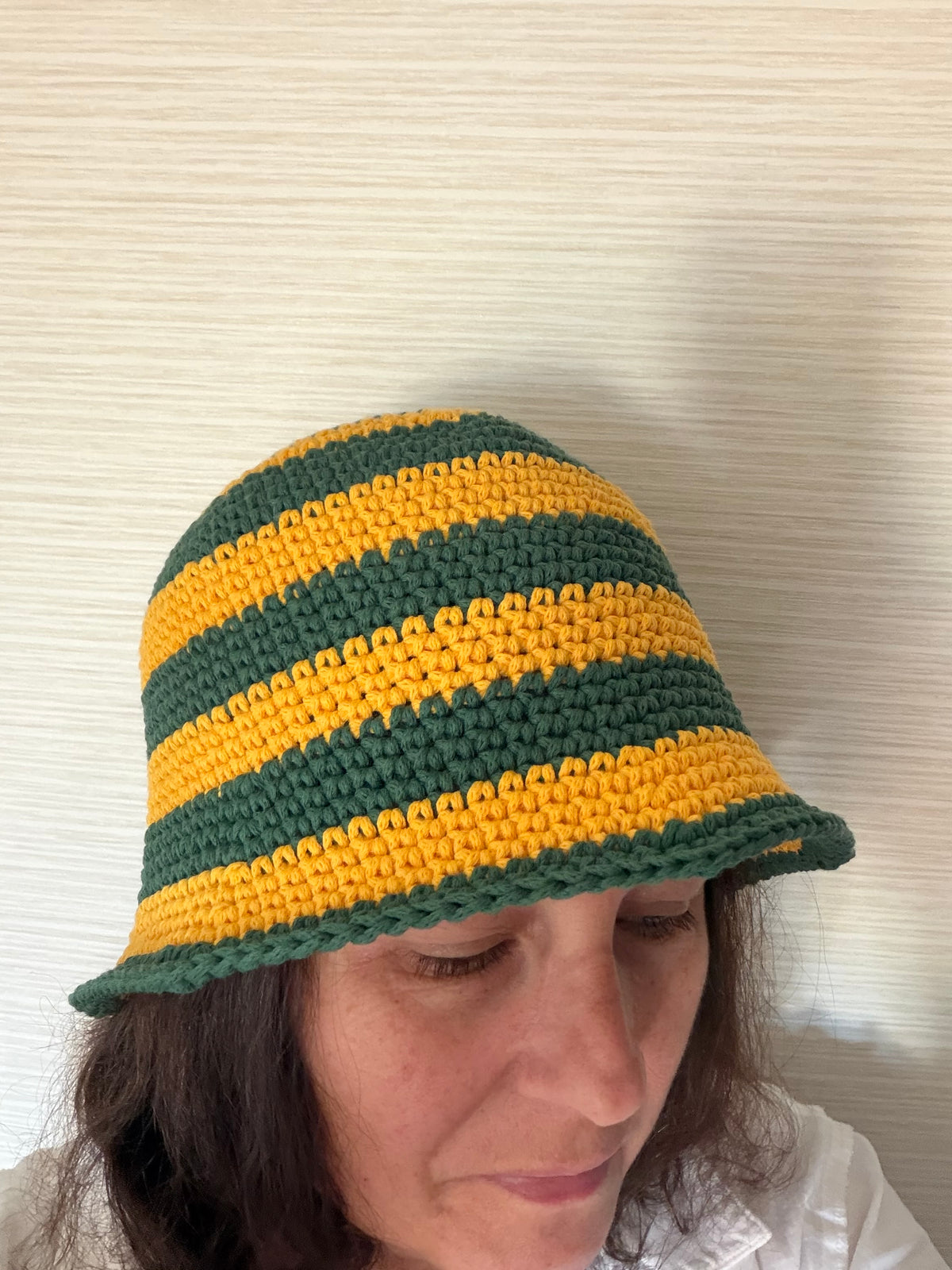 Handmade Australian Green & Gold Crochet Bucket Hat Cricket Season Hat