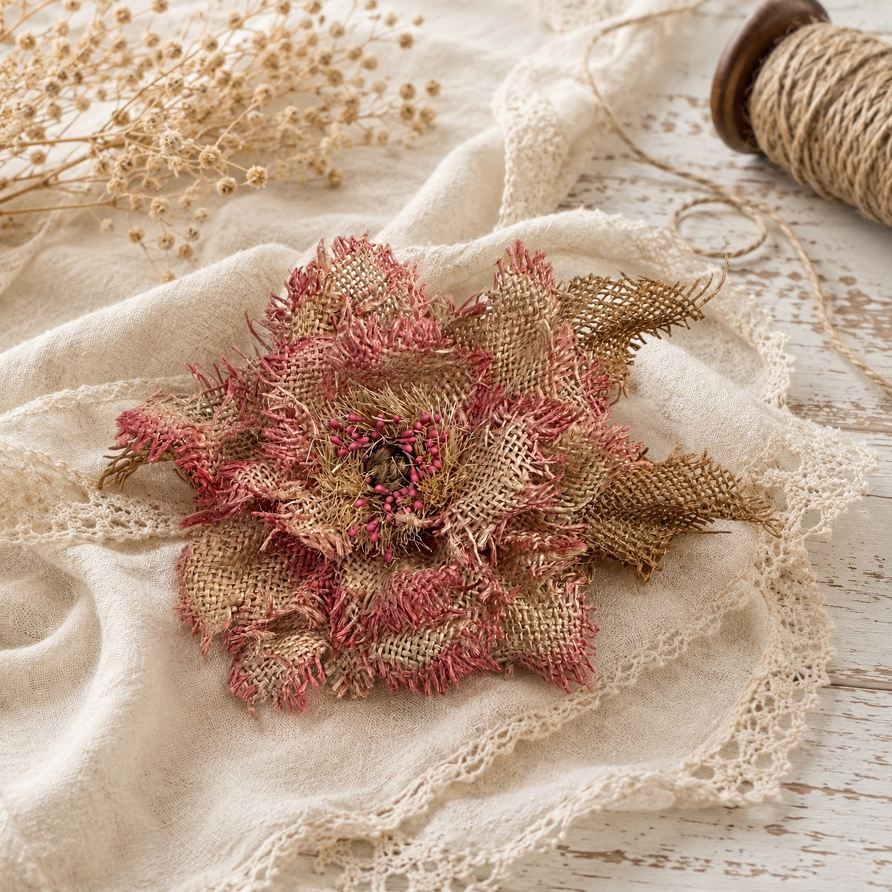 "Wild Burlap Bloom"  Handcrafted Burlap Flower Brooch / Hair Clip