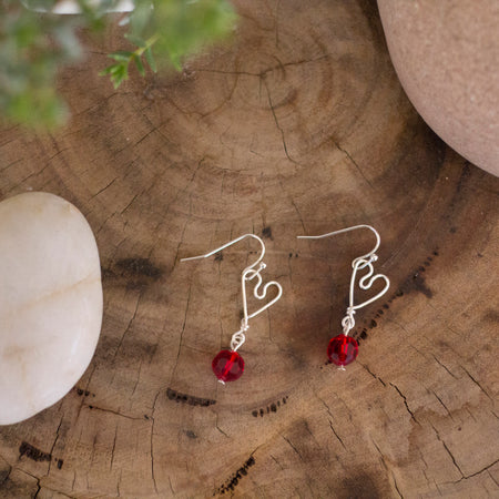 Silver Heart Earrings with Red Faceted Crystals