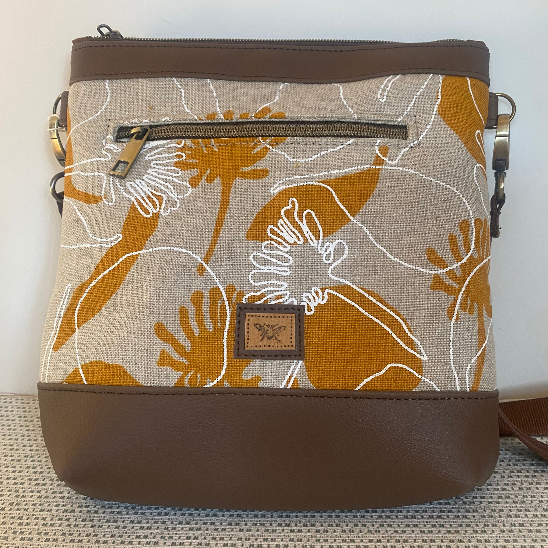 Mia Crossbody Bag - Yellow Seed Pods Screen Printed Linen with Dark Brown Faux Leather
