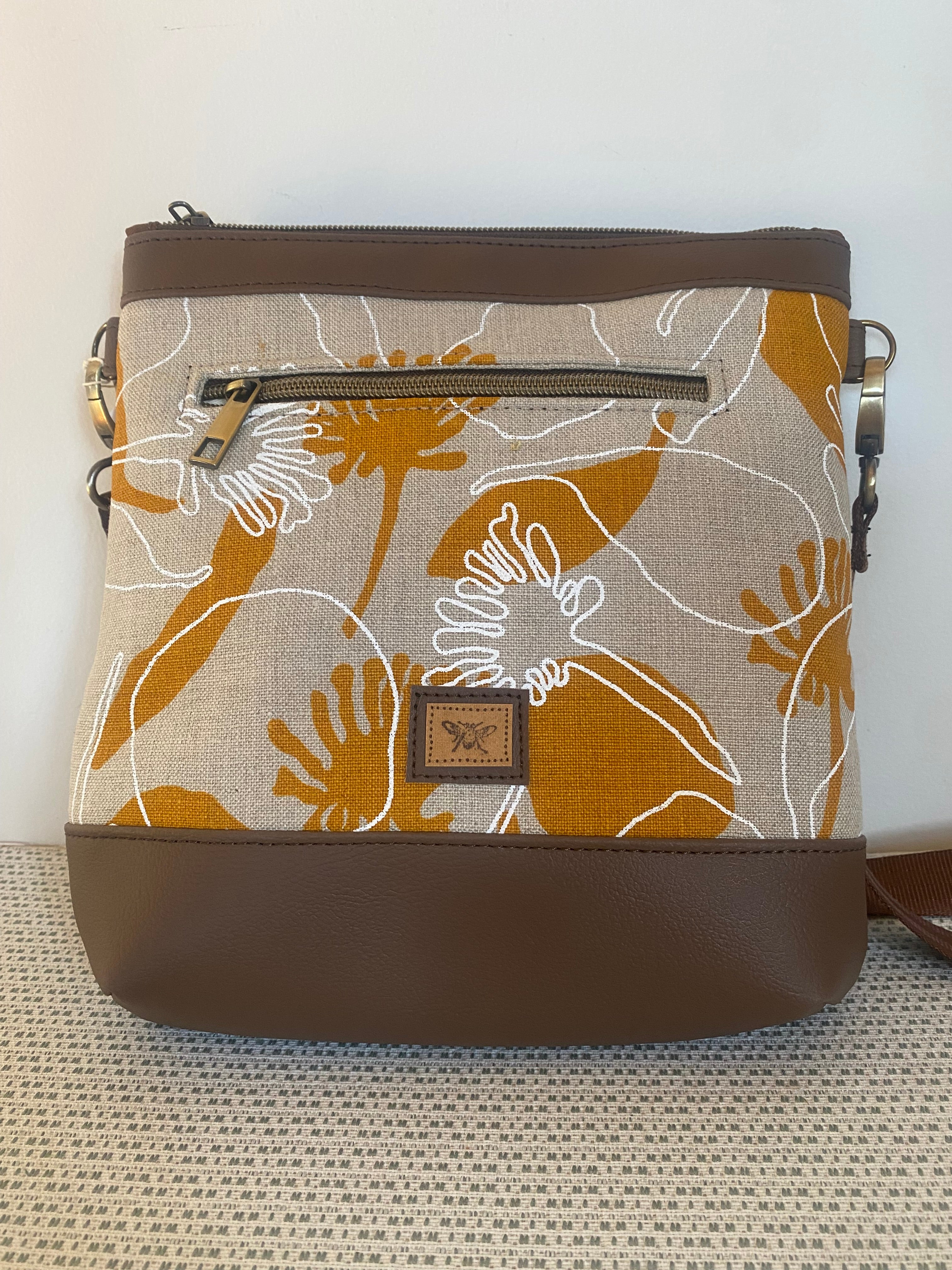 Mia Crossbody Bag - Yellow Seed Pods Screen Printed Linen with Dark Brown Faux Leather