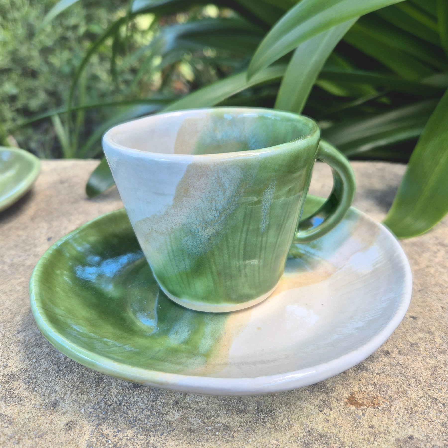 Handmade Ceramic Cup and Side Plate - Sage Green and White