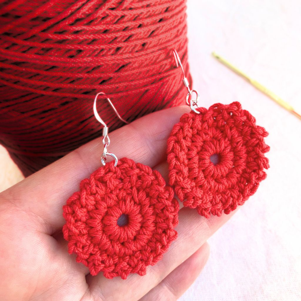 Cheerful Crimson Bloom - Handmade Cotton Crochet Dangle Earrings