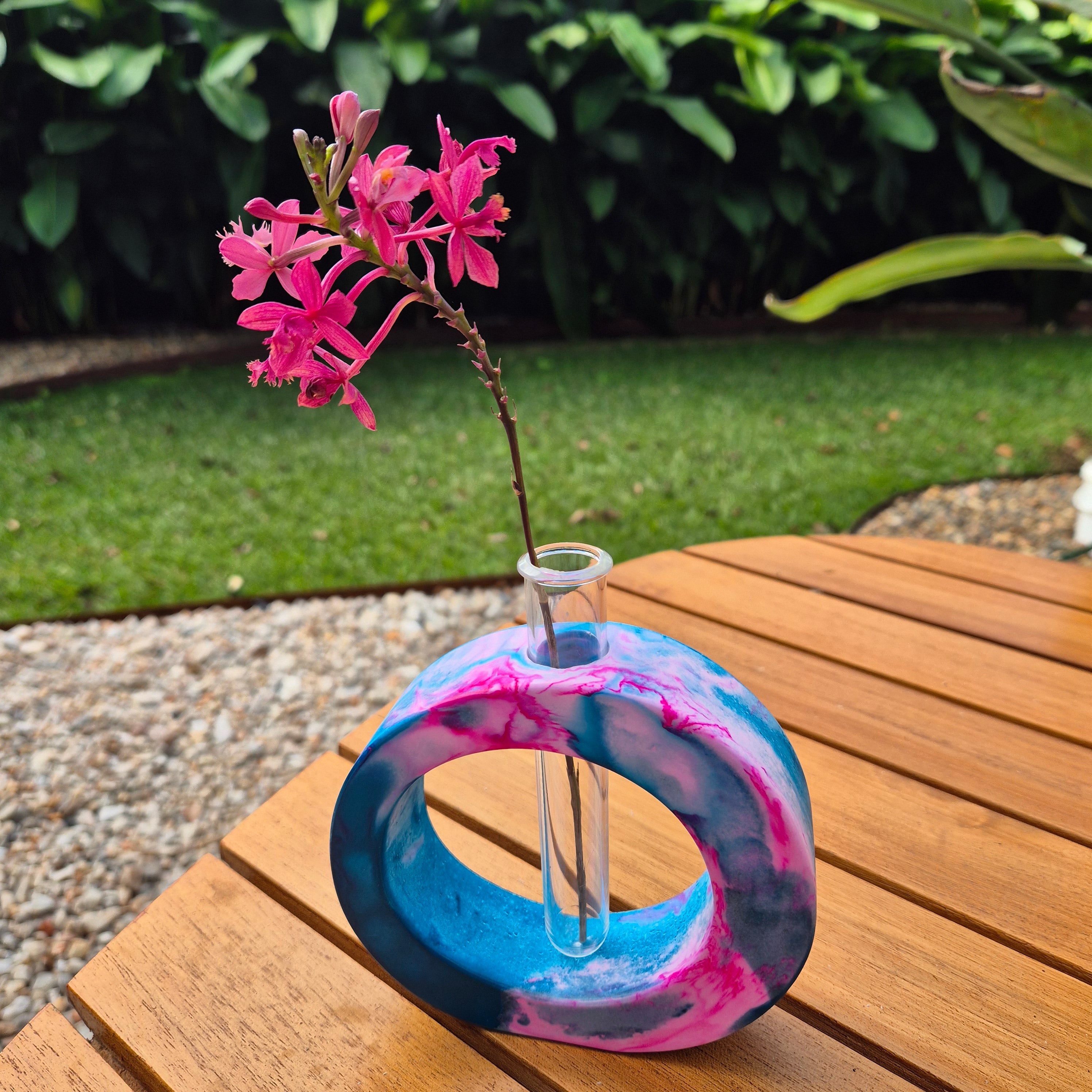 Turquoise and pink concrete test tube single stem vase