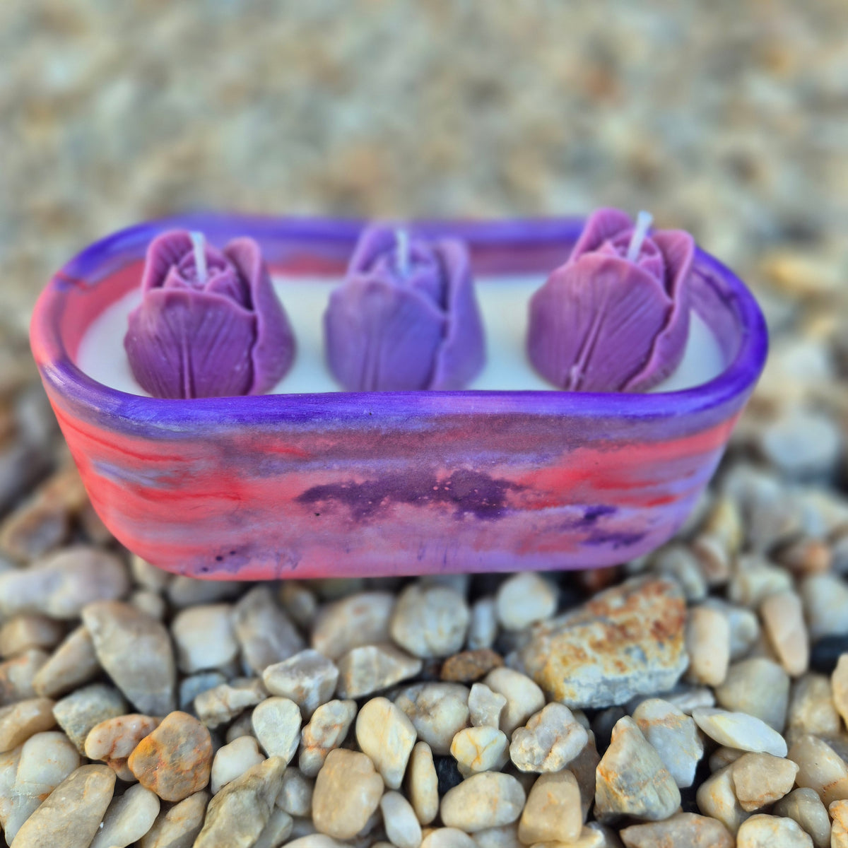 Red and purple oval concrete tulip bowl candle with sandalwood