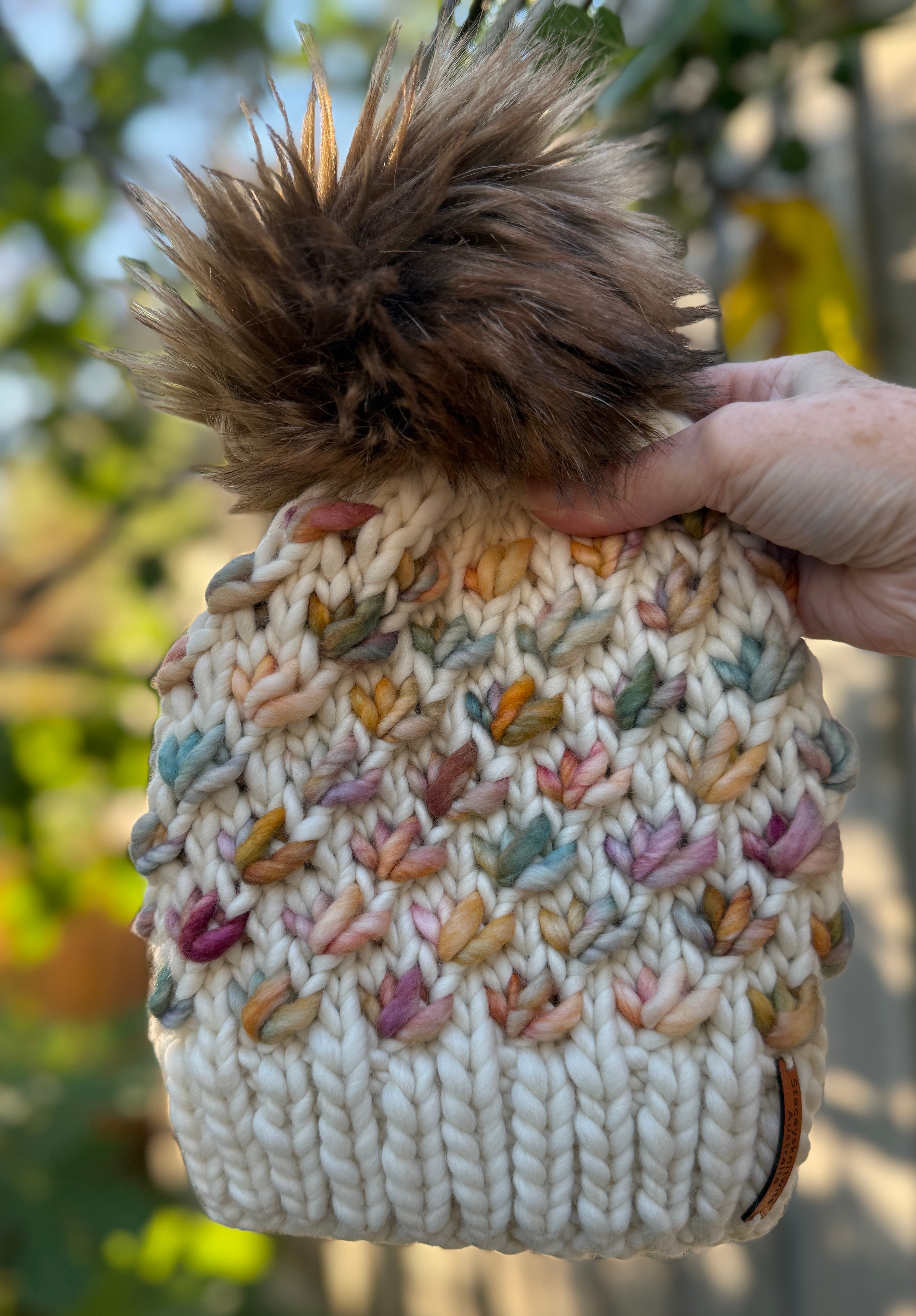 Hand Knitted Beanie, Ladies Merino PomPom Beanie