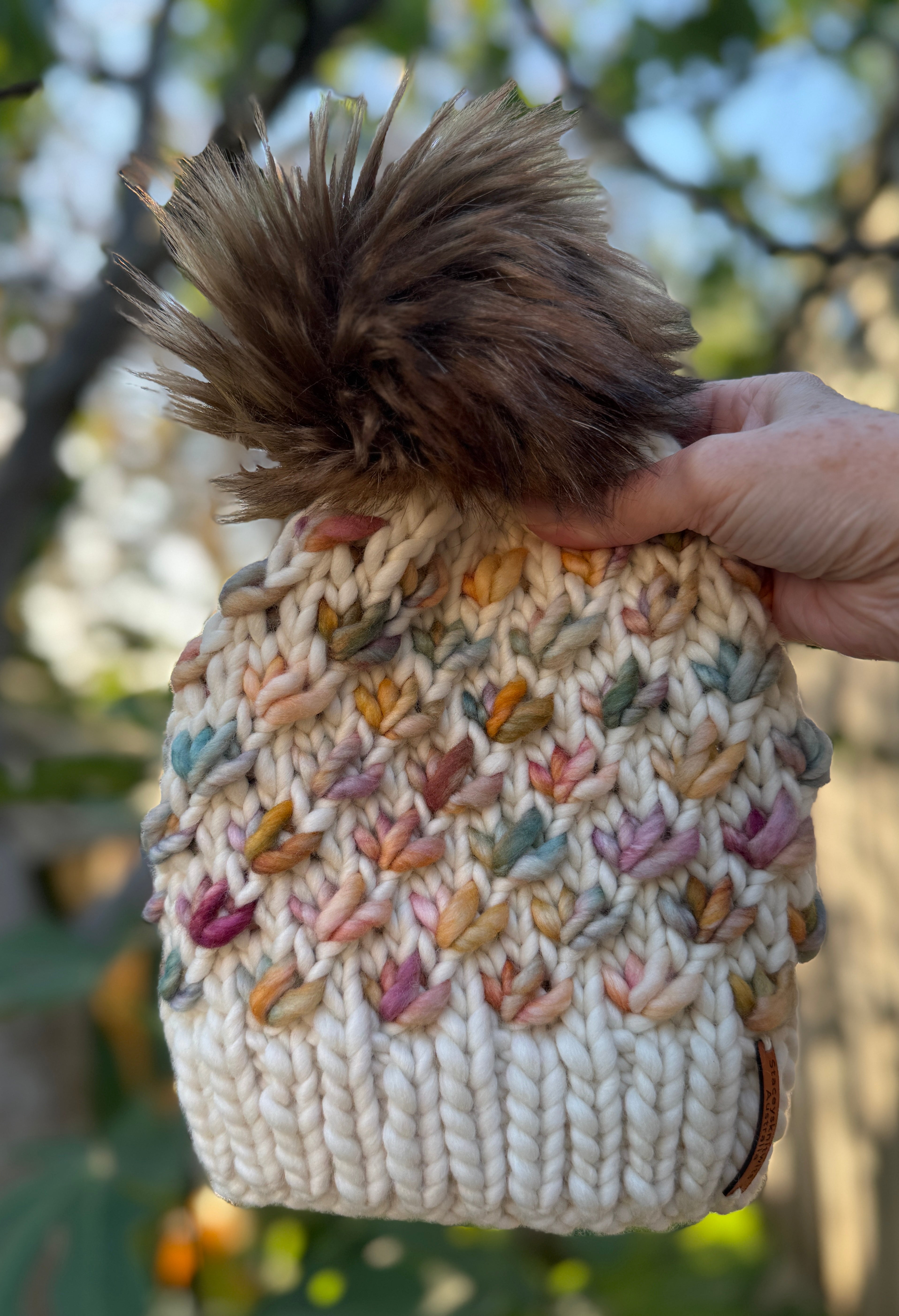 Hand Knitted Beanie, Ladies Merino PomPom Beanie